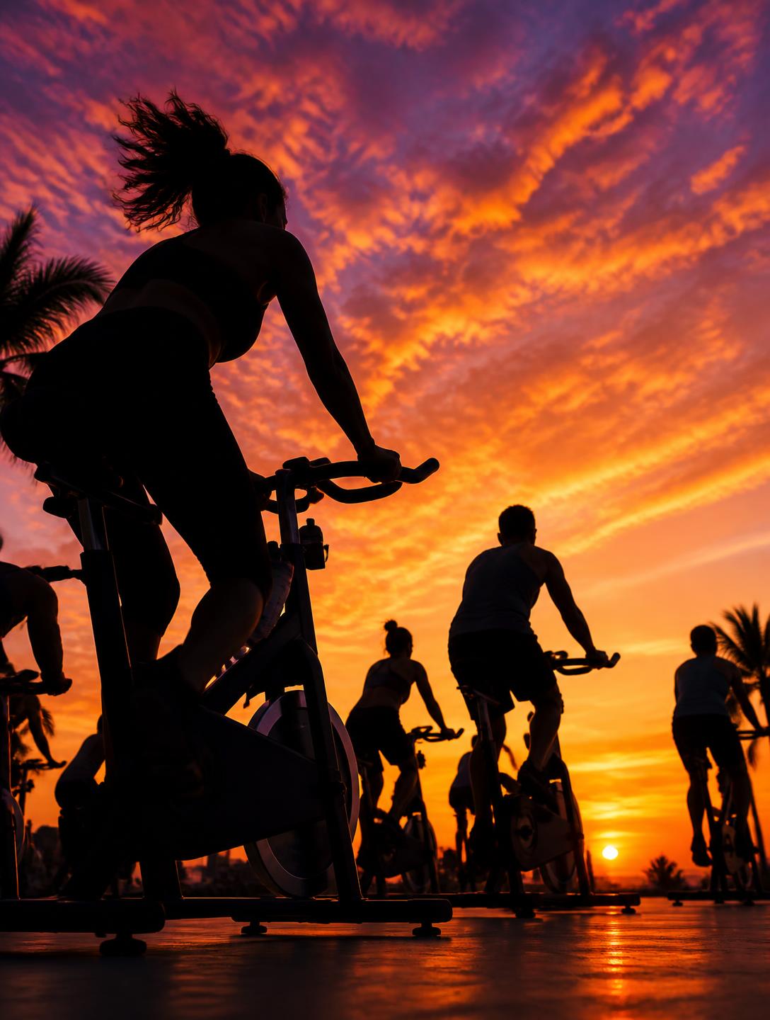 Ciclistas pedalando ao ar livre durante o pôr do sol